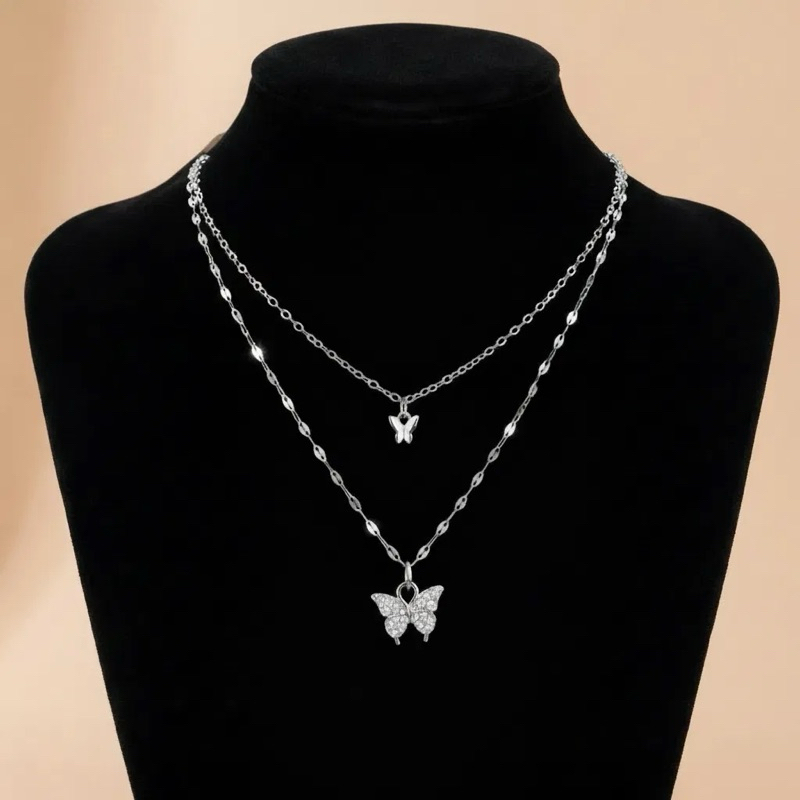 Colar Corrente Dupla Camada Borboleta Feminino Elegante Leve Confortável Cordão em Oferta na Shopee
