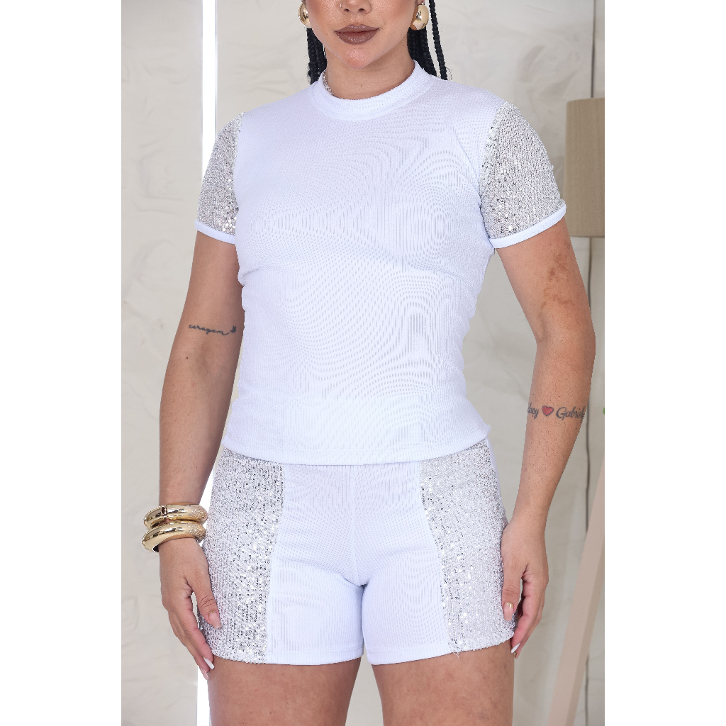 Blusa Blusinha Feminina Ana Ruga Canelada Premium Manga Curta em Paetê Brilho Moda Elegante Festa
