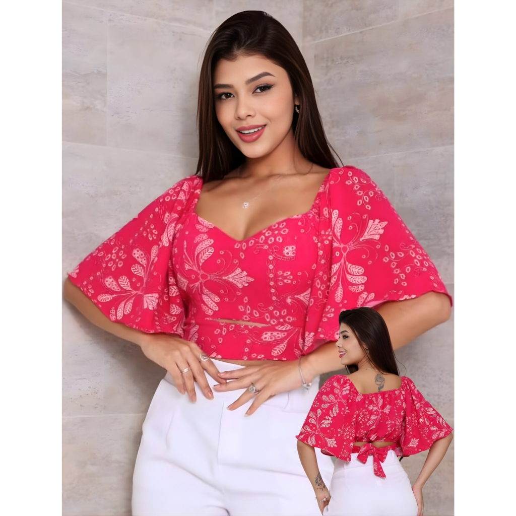Cropped Feminino Floral l Manga Flare Costas Abertas Elegante