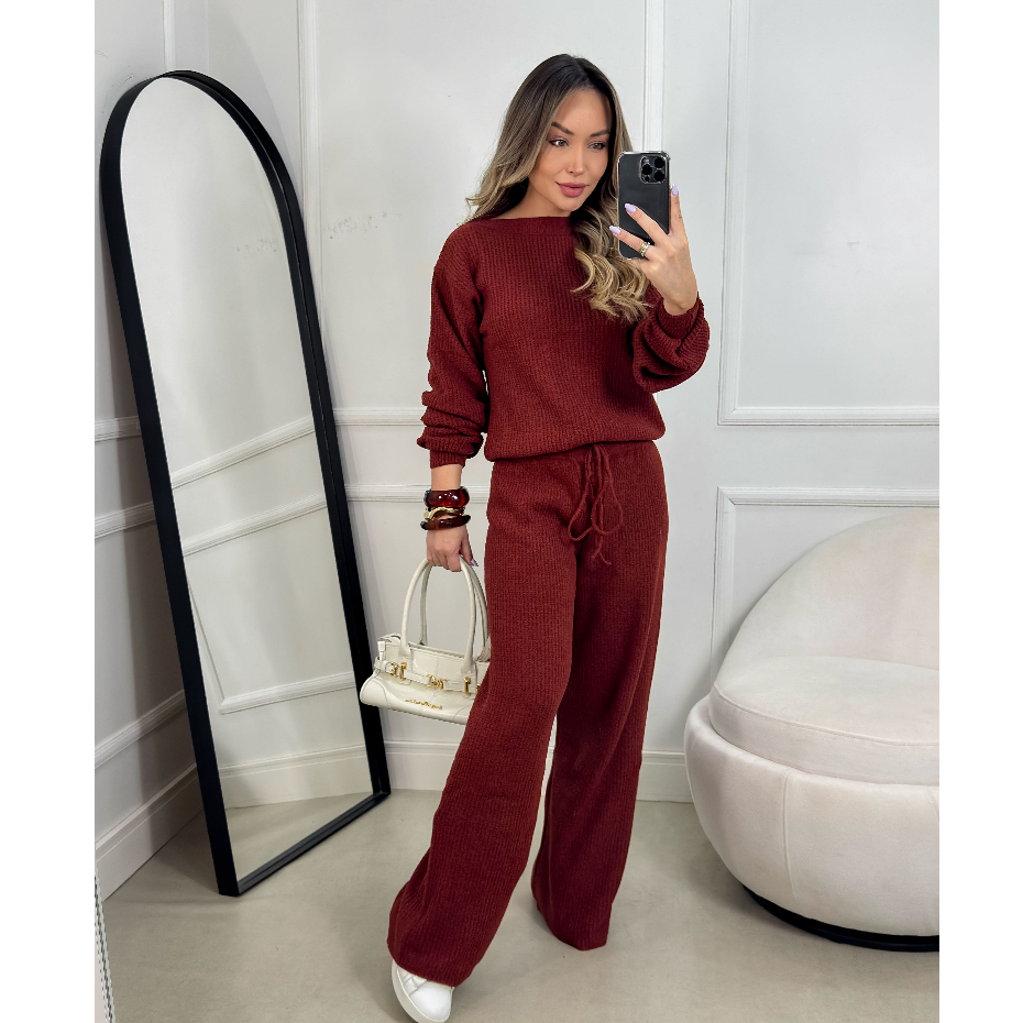 Conjunto Aerolook de Tricot Mousse Calça Pantalona + Blusa Manga Longa de Frio Lançamento Inverno em Oferta na Shopee