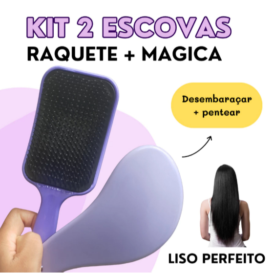 Kit Escovas Mágica + Raquete Antifrizz para Todos os Tipos de Cabelo Desembaraça e Reduz Frizz