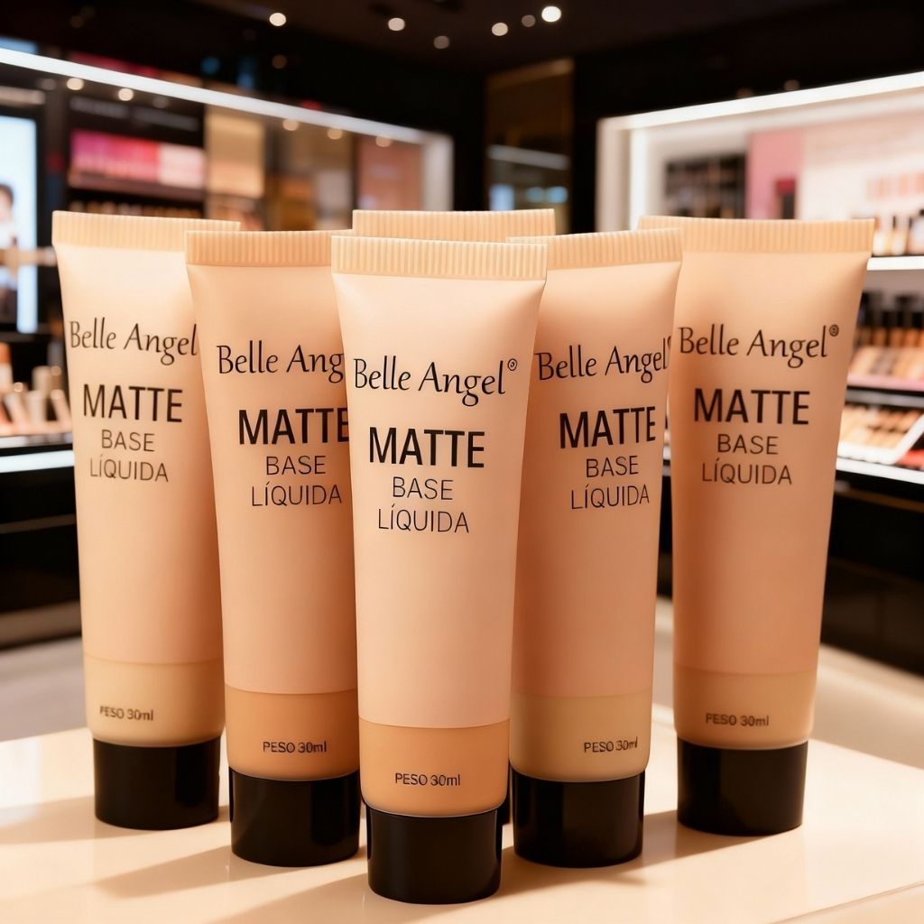 Base Líquida Matte Belle Angel Alta Cobertura Toque Seco Longa Duração Efeito Natural Cobre Tudo