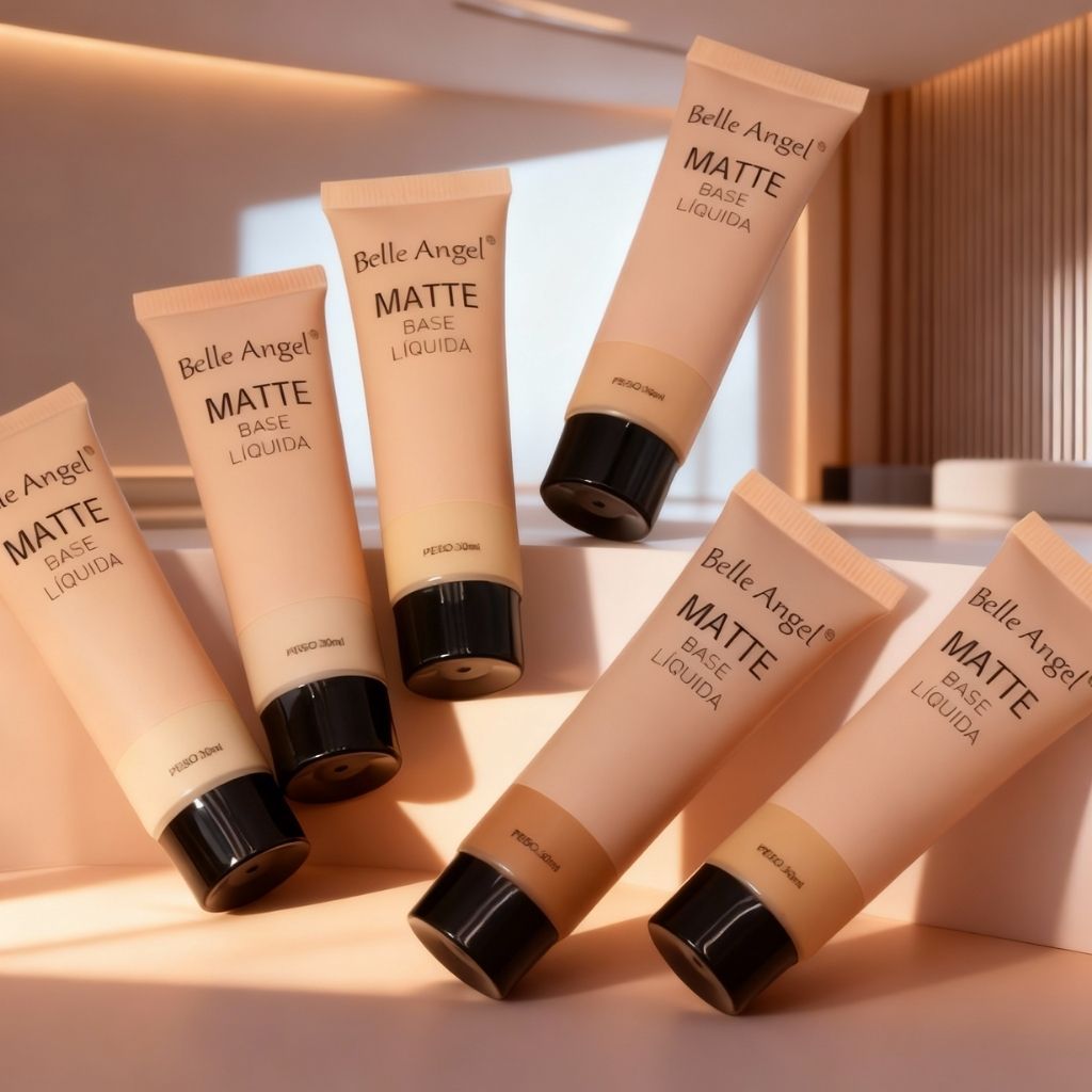 Base Líquida Matte Belle Angel Alta Cobertura Toque Seco Longa Duração Efeito Natural Cobre Tudo