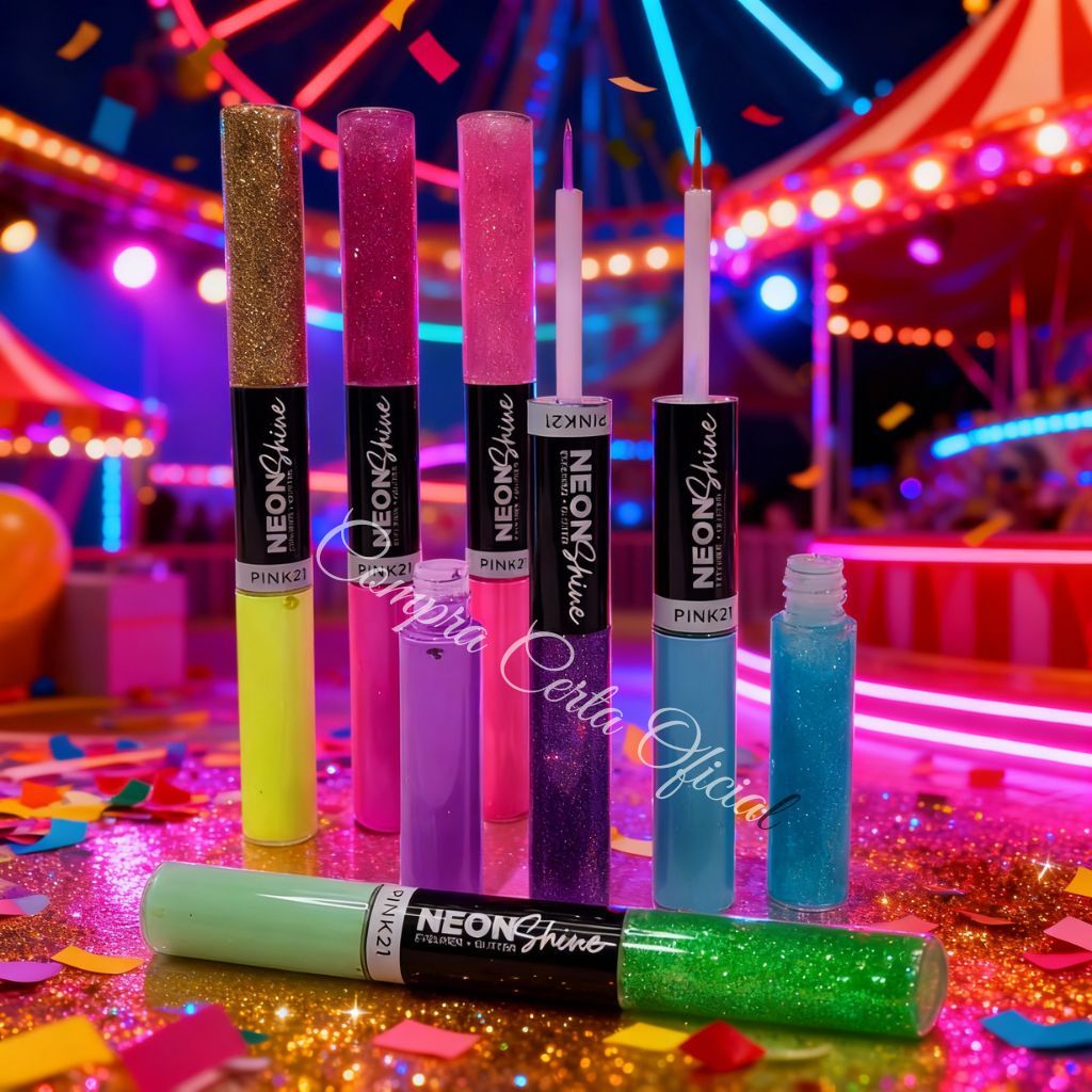 Lápis de Olho Delineador Neon e Glitter 2 em 1 Neon Shine Pink 21 Cor Vibrante Carnaval Bloquinho