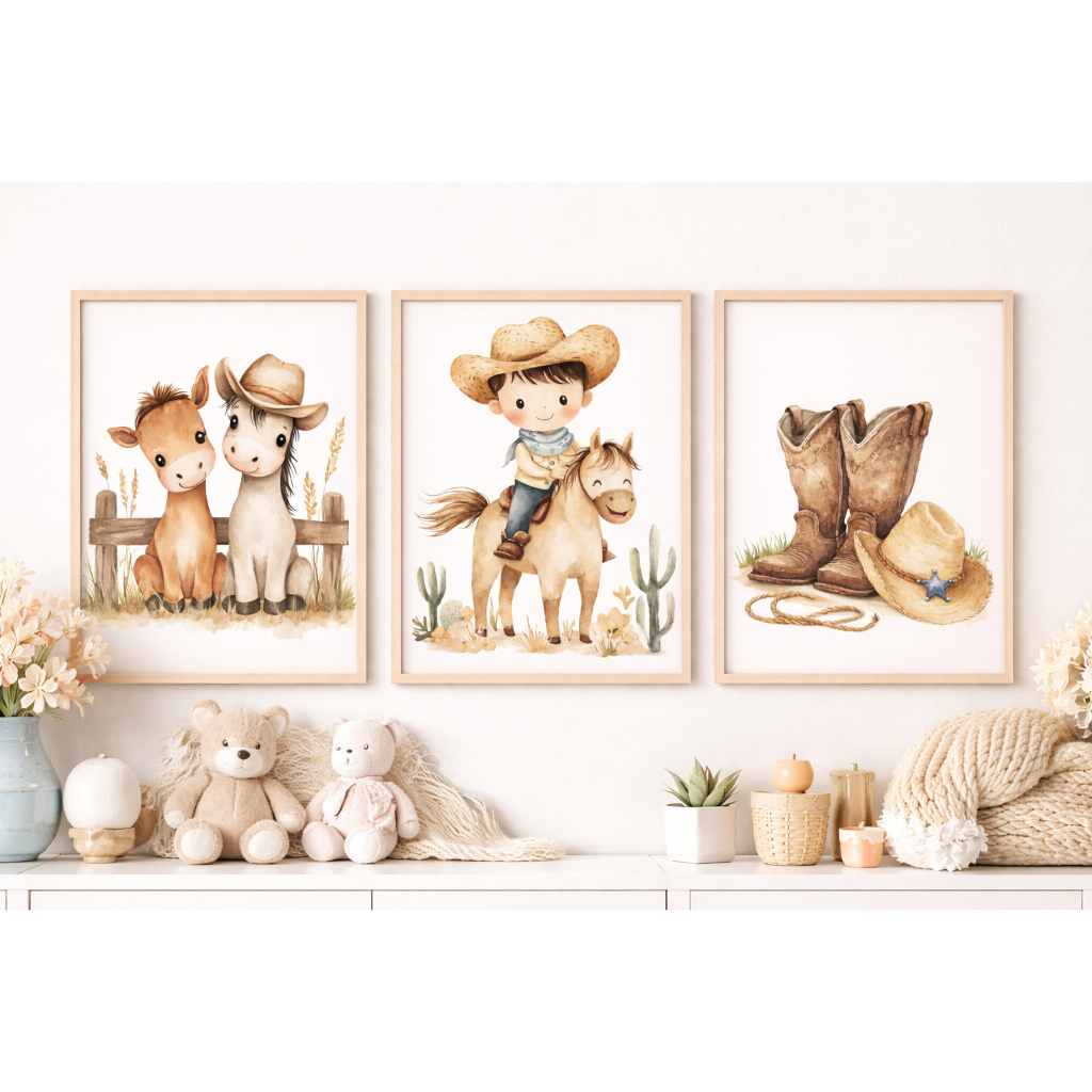 Quadro decorativo infantil, fazendinha, cowboy, cavalinho, bota e chapéu