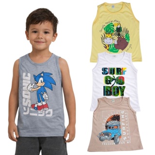 Camiseta regata infantil menino, kit com 5, 100% algodão tamanho 2, 4, 6, e 8 anos, cores e estampas variadas. em Oferta na Shopee