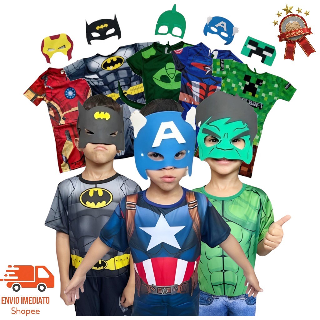 Fantasia Infantil Masculina Herói com Máscara Roupa Curta para Festa e Brincar em Oferta na Shopee