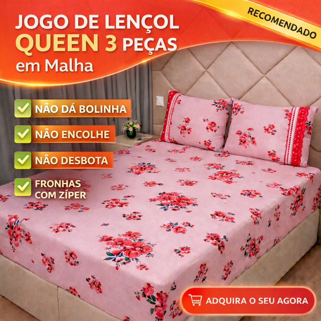 Jogo de Cama Malha Estampada Queen 100% algodão (Lençol de baixo com elástico + fronhas c/ Zíper) em Oferta na Shopee