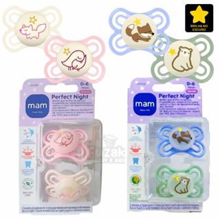 Chupeta Mam Dupla Perfect Night c/ 2 unidades 0-6 meses - Briha no Escuro - Caixinha Esterilizar em Oferta na Shopee