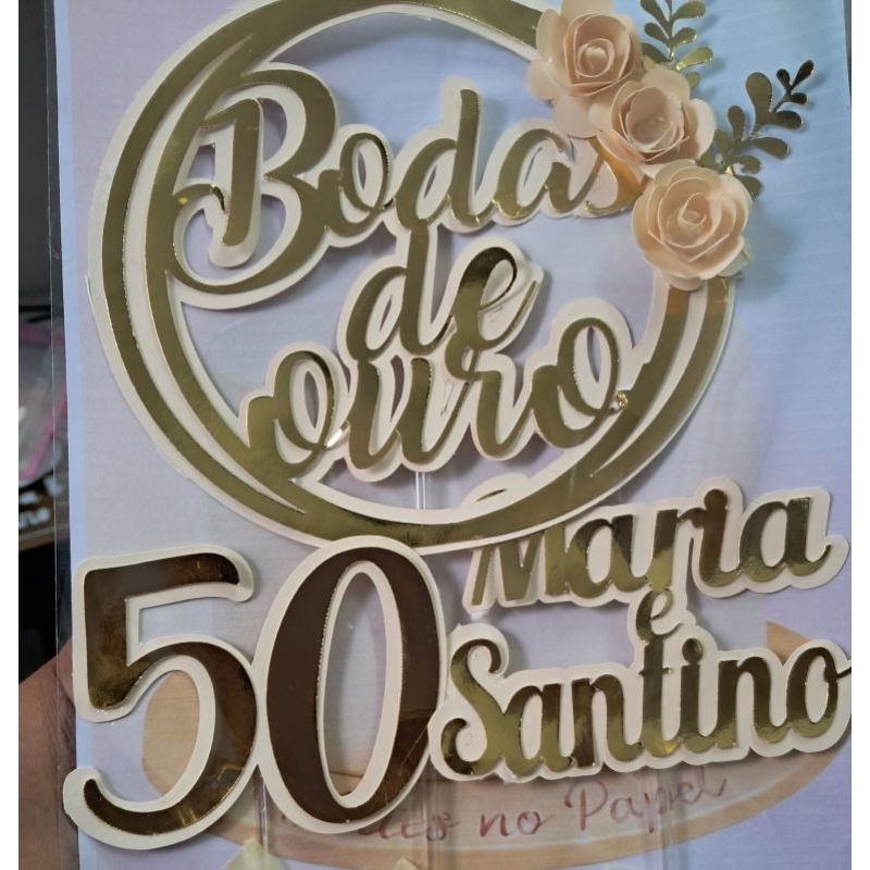 Topo de Bolo Bodas de Ouro 50 Anos Casamento Dourado Luxo