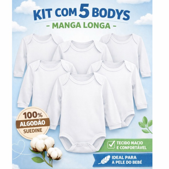 Kit 5 Body de Bebê Manga Longa Branco Suedine 100% Algodão Roupa Infantil Enxoval Maternidade Sublimação Personalizado em Oferta na Shopee
