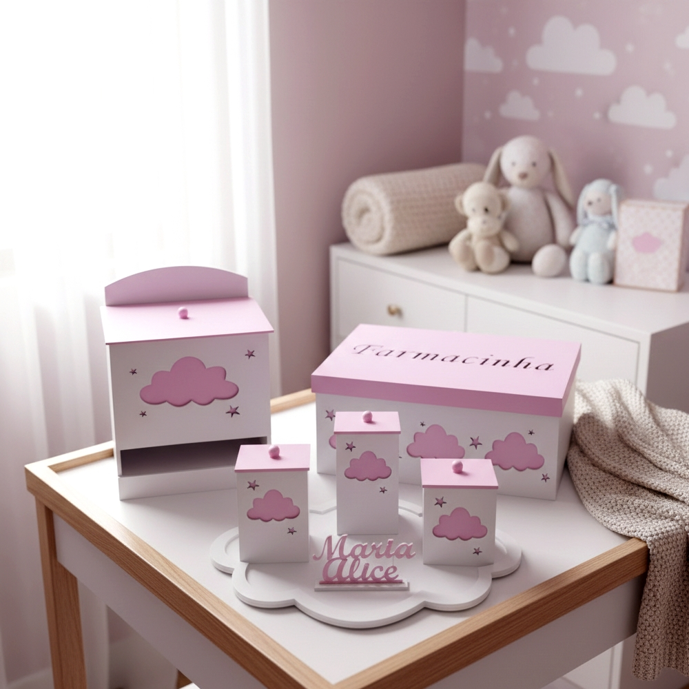kit Nuvem menina menino nome totem farmacinha bebê decorar quartinho infantil montado MDF
