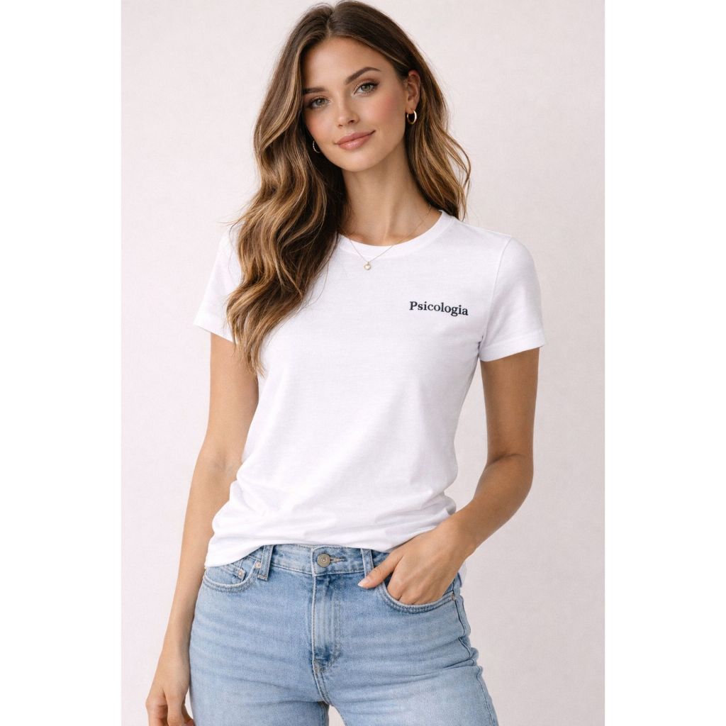 Camiseta Uniforme Faculdade Universidade Medicina Odontologia Psicologia Bordada Gola O Feminina T-shirt Babylook