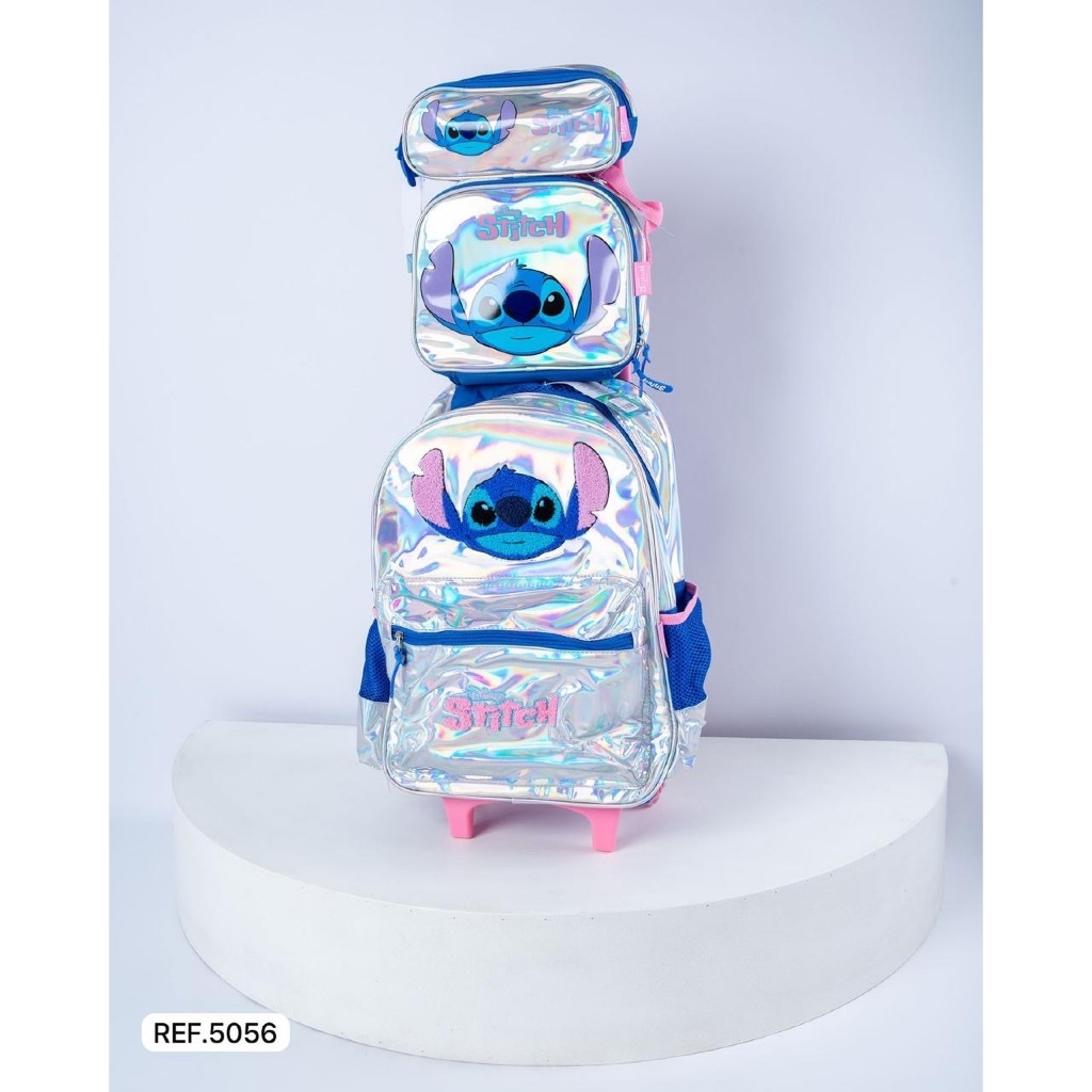 KIT MOCHILA CARRINHO LANCHEIRA ESTOJO ORIGINAL ESCOLAR VIAGEM HOLOGRÁFICO STITCH