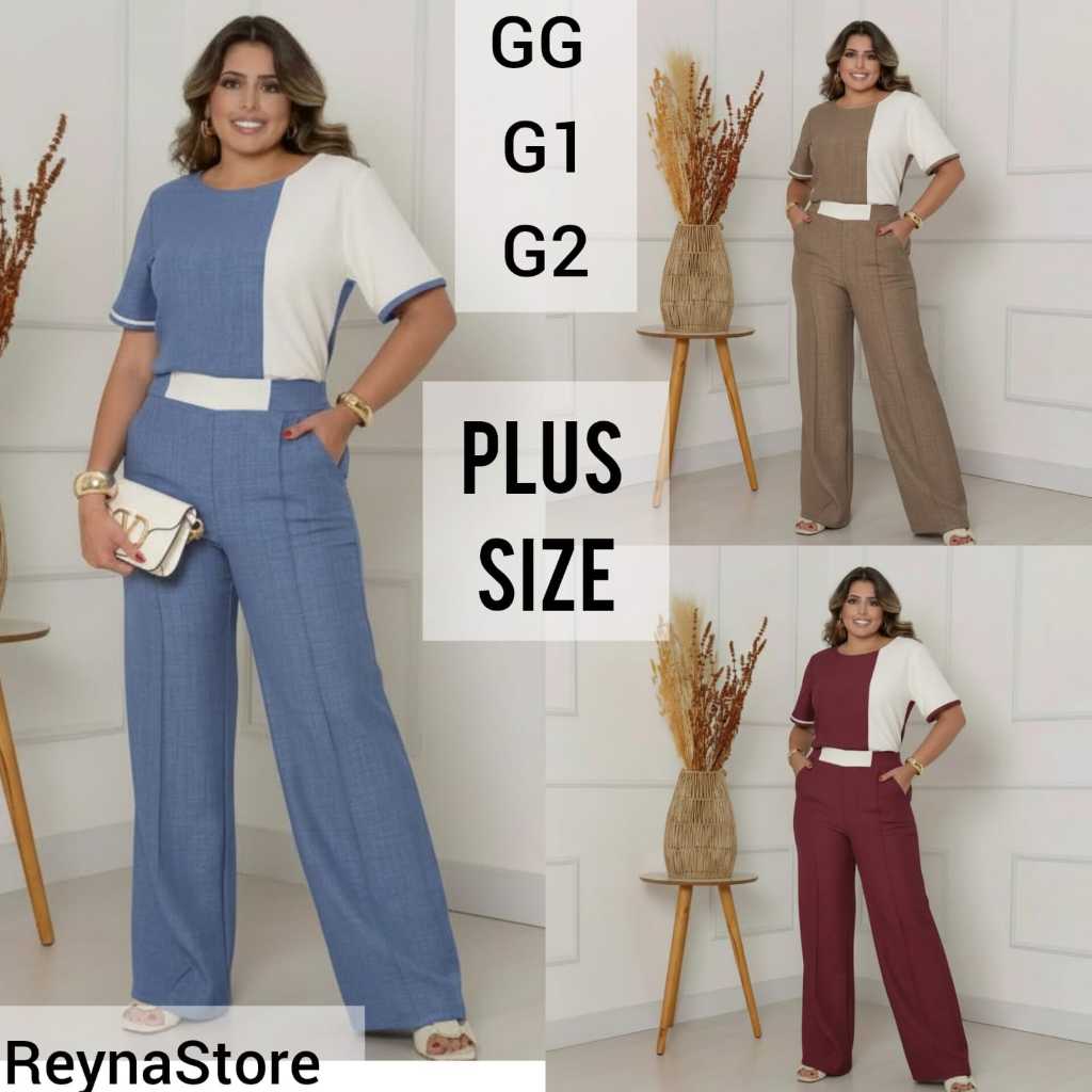 CONJUNTO PLUS SIZE FEMENINO ELEGANTE BLUSA E CALÇA SOFISTICADO FESTA, CASUAL em Oferta na Shopee