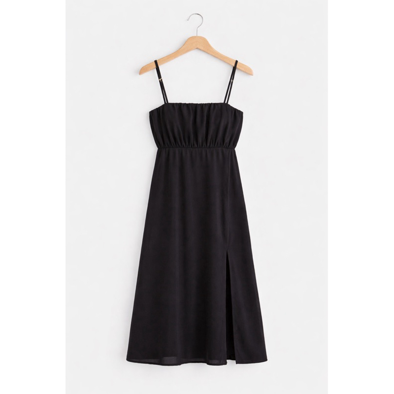 Vestido Feminino Midi Preto Com Fenda Alça Ajustável