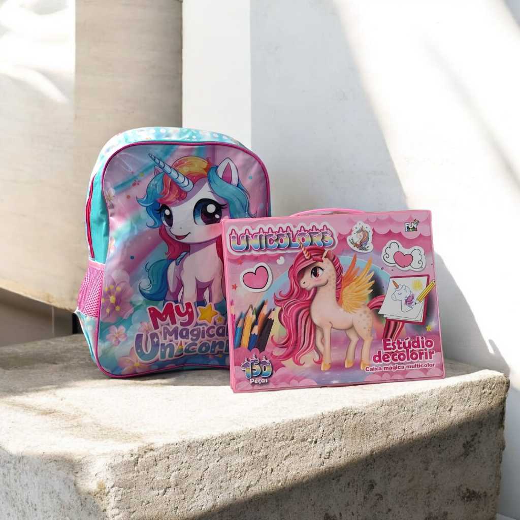 Conjunto Escolar com Mochila de Costas Infantil Skeet Kids, Cor Rosa + Estojo Maleta de Pintura com 150 Peças Unicórnio