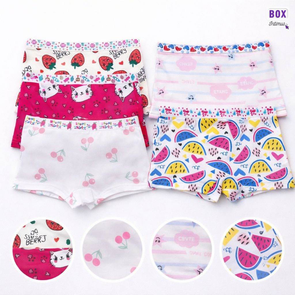 Kit Calcinha Infantil Boxer Estampada Menina – 3, 6, 9 ou 12 Unidades | Confortável para o Dia a Dia