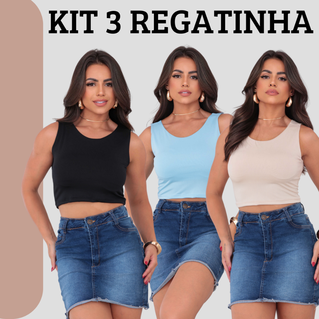 Kit 3 Regatinhas Femininas Cropped Verão com Forro Duplo – Blusinha Básica em Oferta na Shopee