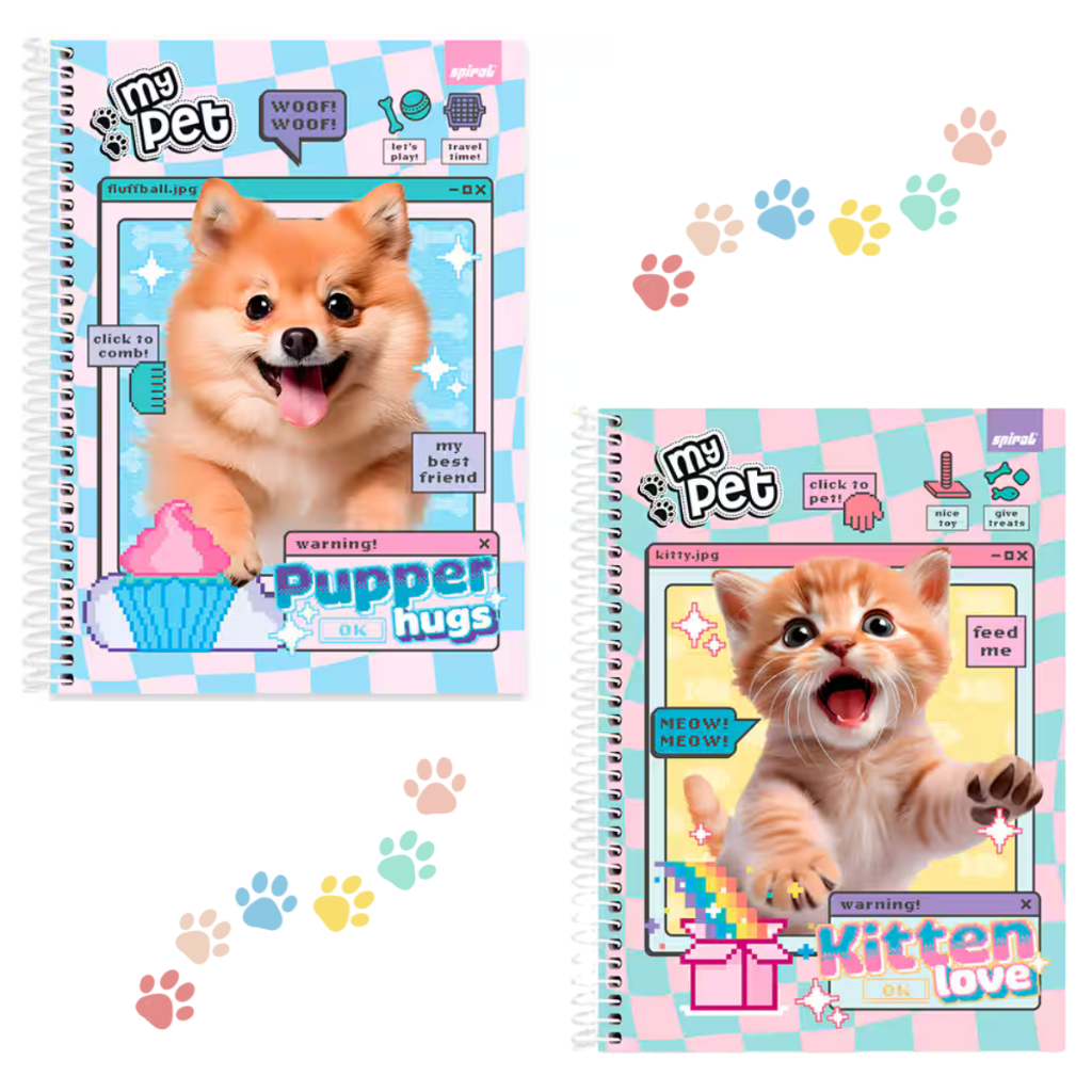 Kit Caderno 1 Uma Matéria My Pet Espiral Cachorrinho Gatinho Menina Spiral 1x1