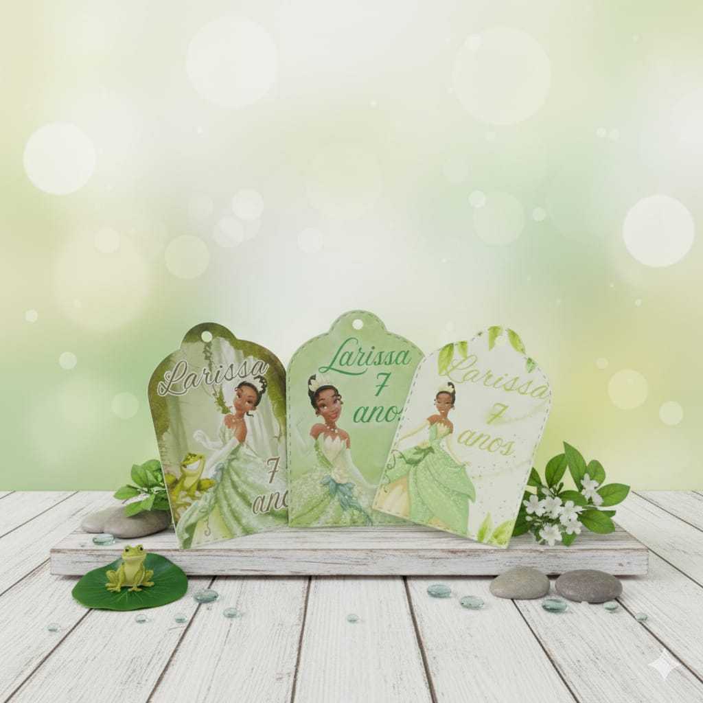 Mini tags personalizadas para lembrancinhas Princesa Tiana -  papelaria personalizada