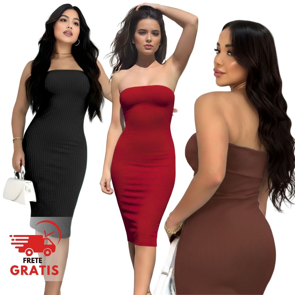 Vestido Feminino Midi Tomara que Caia Canelado Elegância E Conforto Em Um Único Vestido Tubinho