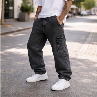 Calça Cargo Masculina Grafite Preta Azul Larga Sarja Jeans Bolsos Laterais em Oferta na Shopee
