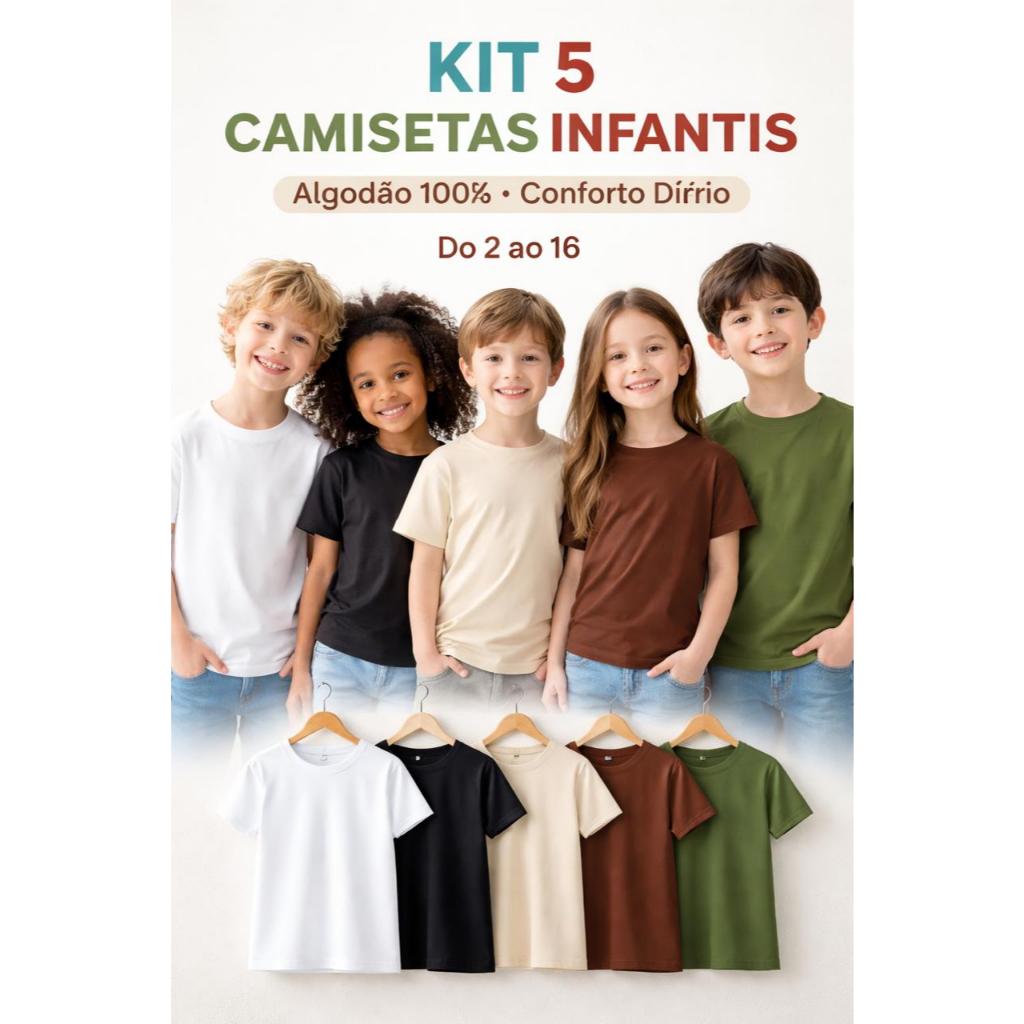 Kit 5 Camisetas Infantil Conforto – 100% Algodão Premium em Oferta na Shopee