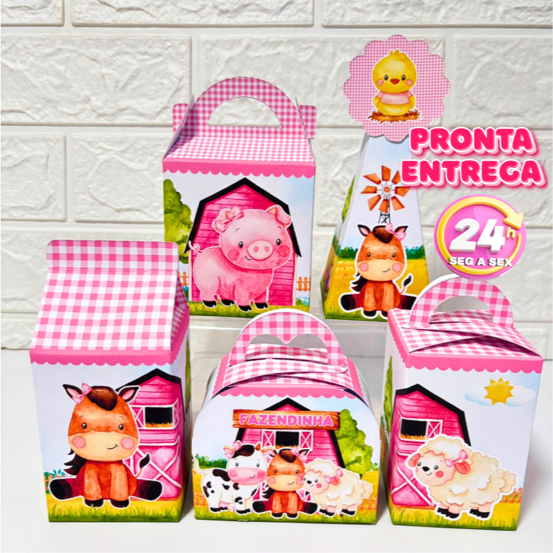 Caixinhas Fazendinha Rosa Personalizadas – Pegue e Monte | Lembrancinhas para Festa Infantil | Envio Rápido