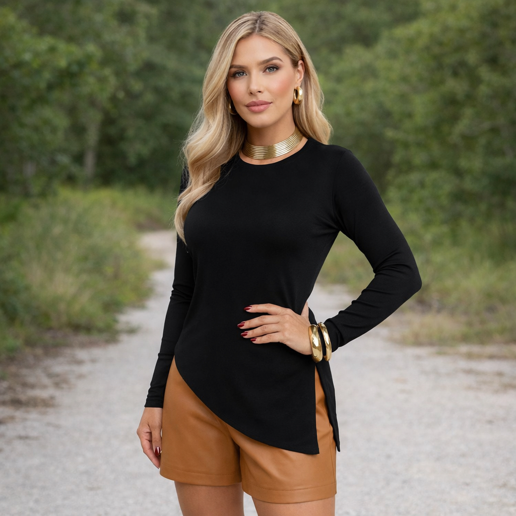 Blusa Feminina Ribana Manga Longa Com Fenda - Promoção em Oferta na Shopee