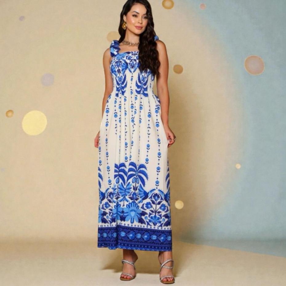 Vestido Longo Elegante Azul e Branco Estampa Porcelana Barrado  Lastex na Cintura Festa Verão Casual em Oferta na Shopee