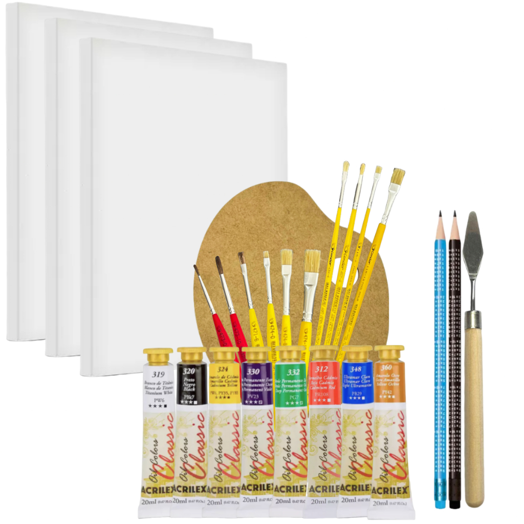 Kit Iniciante em Pintura 8 Tinta Óleo Acrilex 10 Pincel Condor 3 Tela 20x30 1 Godê 1 Espátula 2 Lápis