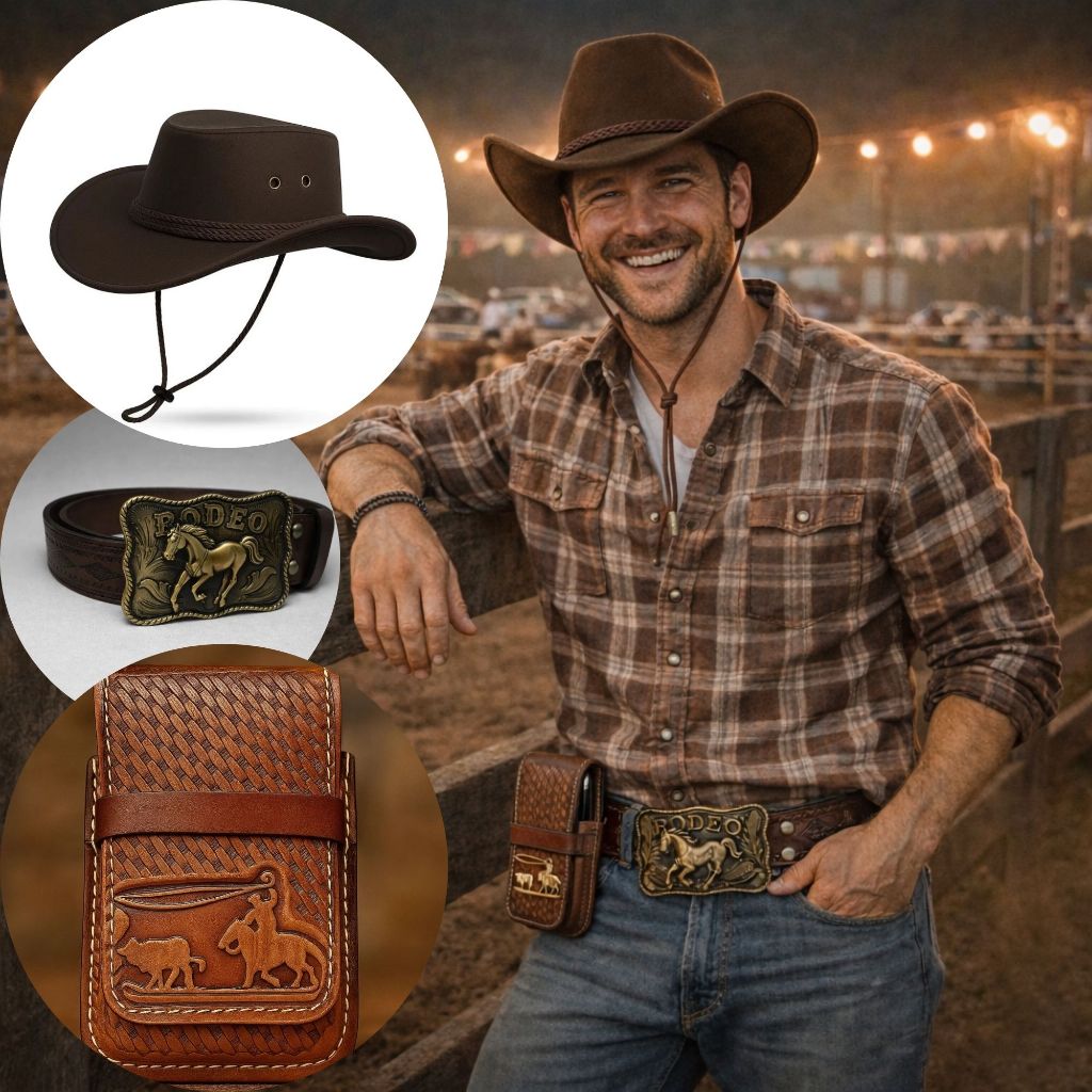 Kit Country Cowboy — Chapéu + Cinto + Porta Celular Couro | Rodeio / Vaquejada Masculino e Feminino