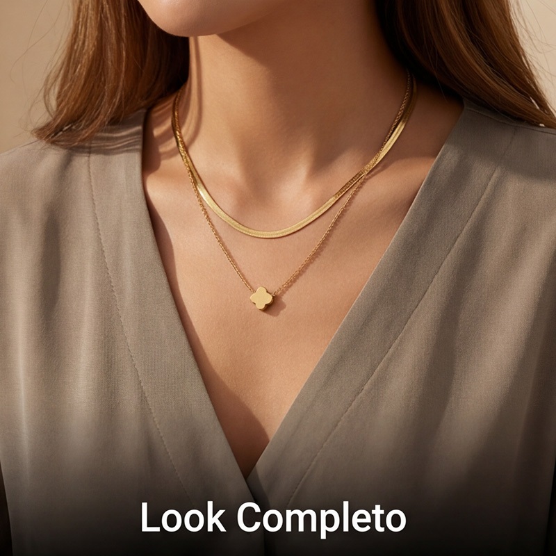 Colar Duplo Feminino Trevo Aço Inoxidável Banhado a Ouro 18K Não Escurece Luxo Diário em Oferta na Shopee