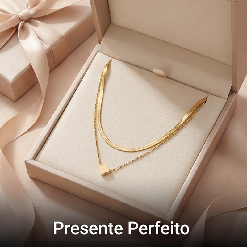 Colar Duplo Trevo Dourado 18K Aço Inoxidável Corrente Dupla Não Embola Não Escurece em Oferta na Shopee