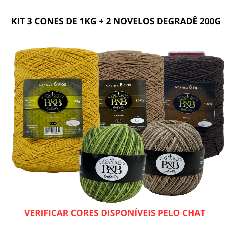 KIT 3 Barbantes B&B 1KG/ 6 ou 8 Fios + 2 Novelos Degradê 200g - Escolha suas Cores