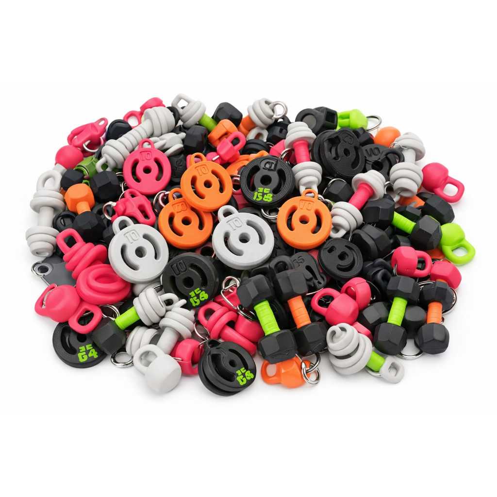 Kit Com 50 Chaveiros Halteres Dumbell Anilhas e Keltball Fitness Kettlebell Academia