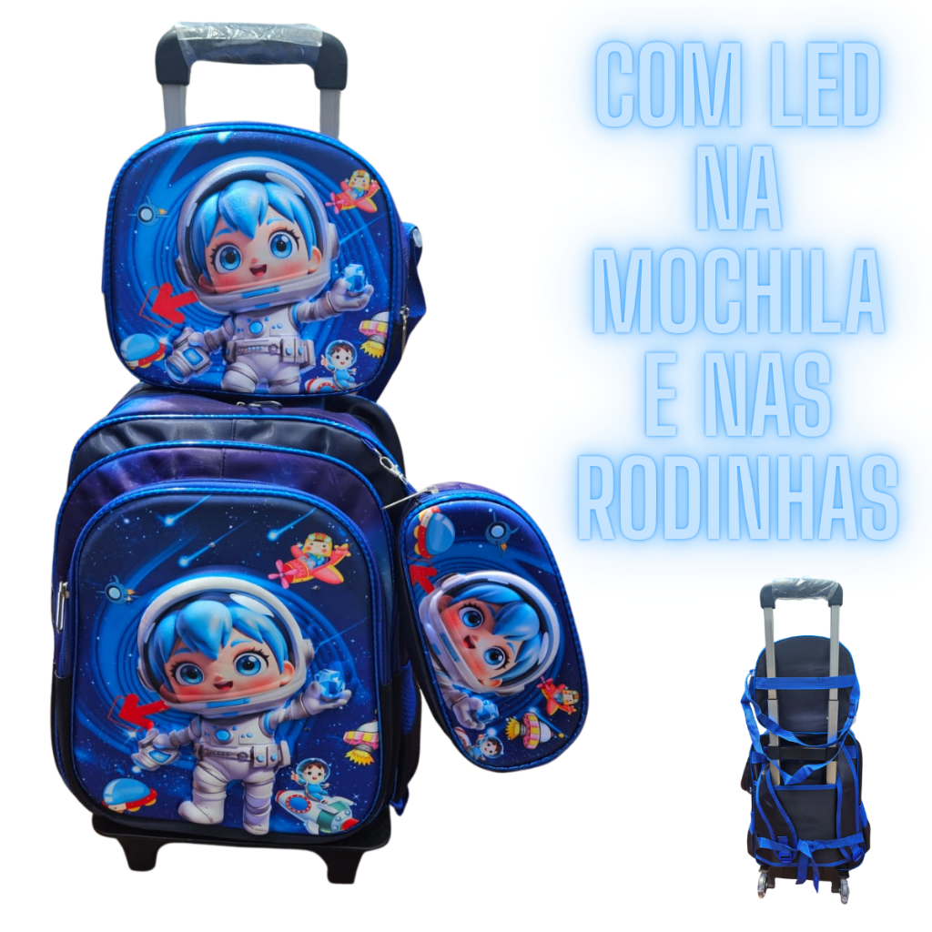 Kit Escolar Astronauta Led na Mochila e no Carrinho com Efeito 3D - Mochila Lancheira e Estojo em Oferta na Shopee