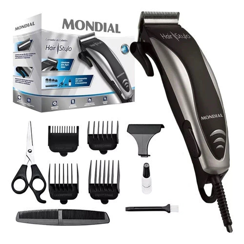 Máquina De Cortar Cabelo E Barba Mondial Cr-02 Com 4 Pentes e Acessórios Lâminas Aço Inox Aparador de Pelos