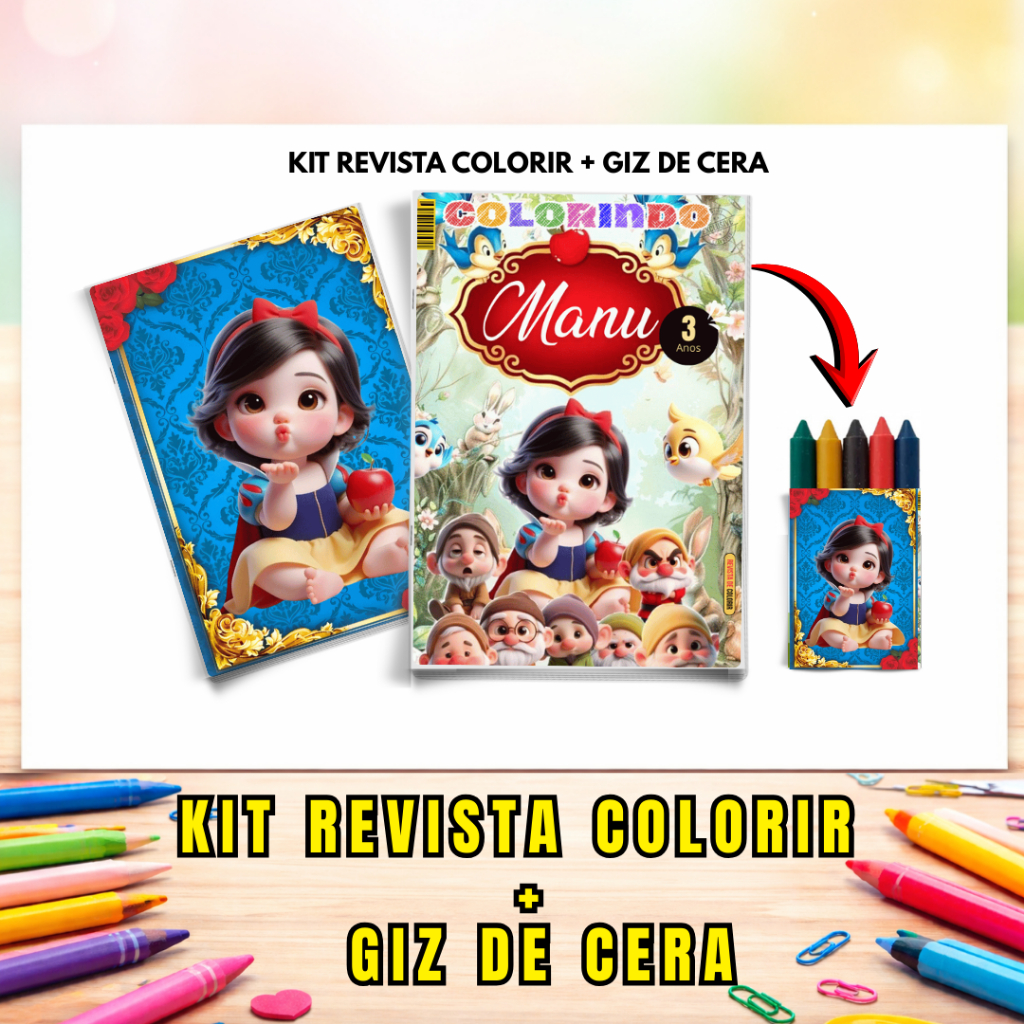 Kit Livrinhos de Colorir Infantil Personalizado + Giz de Cera Lembrancinha Aniversário Revistinhas Tema Branca Neve Baby