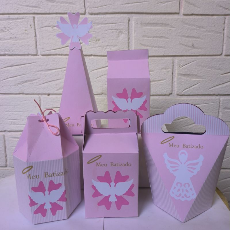 Personalizados Batizado Rosa  no PEGUE E MONTE Kit Caixas Decoração Lembrancinhas  Aniversário Caixinhas Infantil