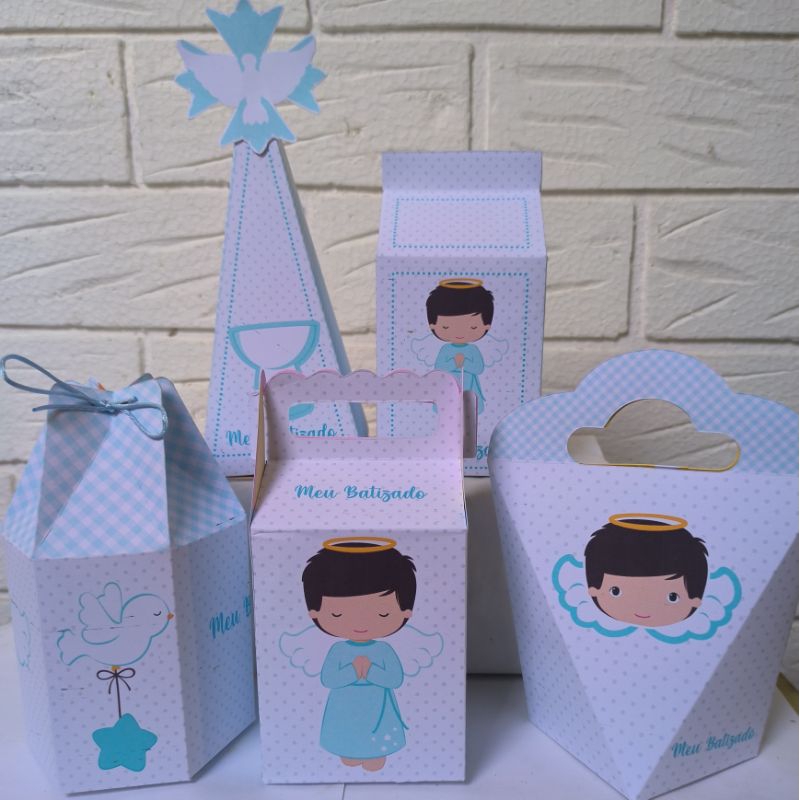 Kit Papelaria Personalizada Batizado Azul Batismo Caixa Caixinha para Festa DESMONTADO