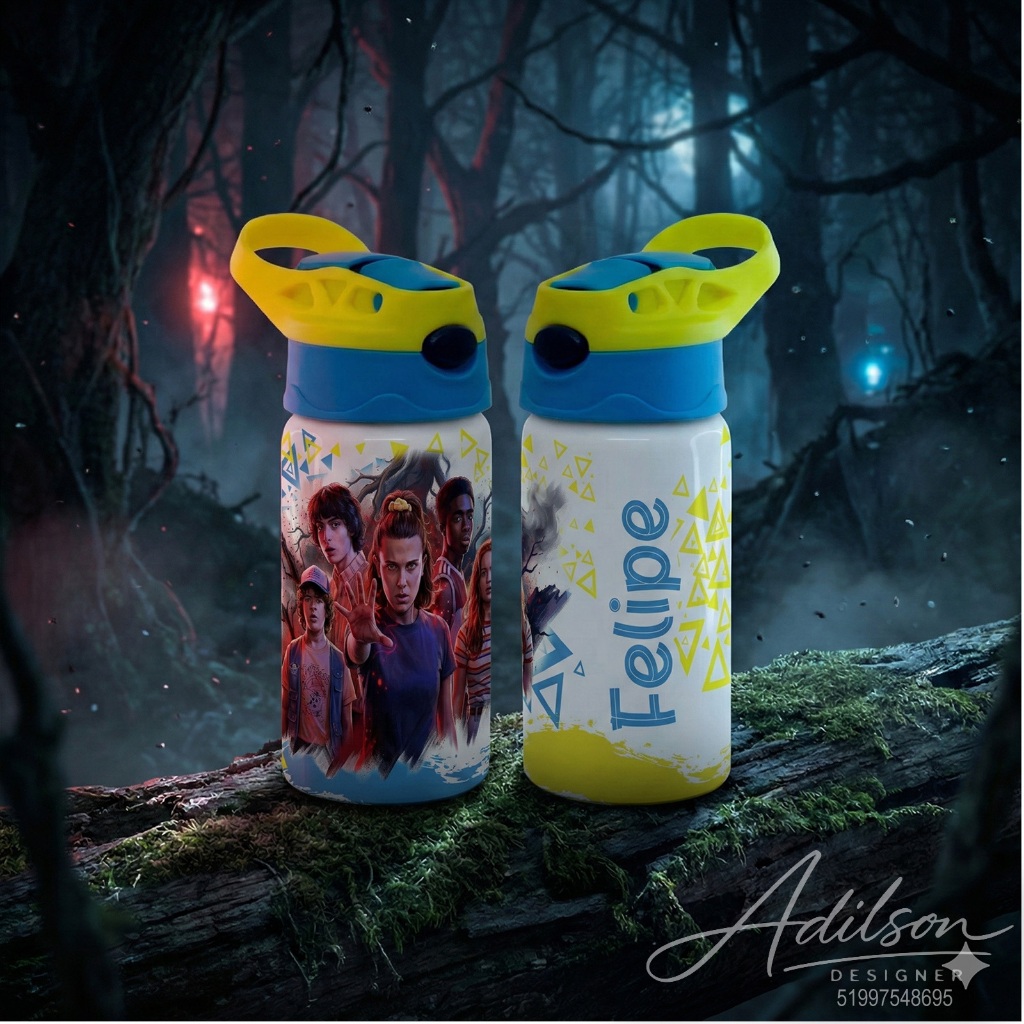 Garrafinha Squeezes Personalizada Kids Infantil 500 ml - Stranger Things - Personalizada com o nome da Criança