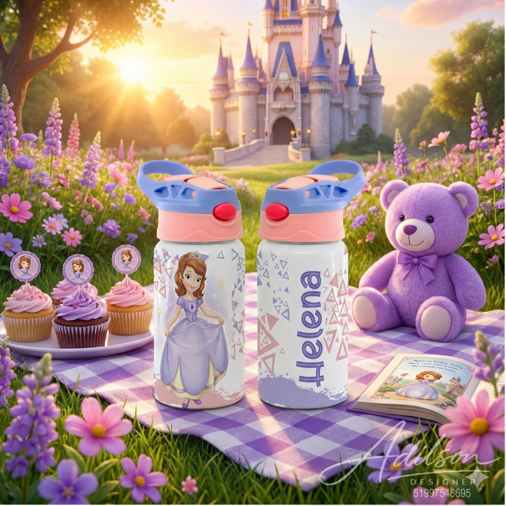 Garrafinha Squeezes Kids Infantil 500ml - Princesa Sofia - Personalize com o Nome da Criança