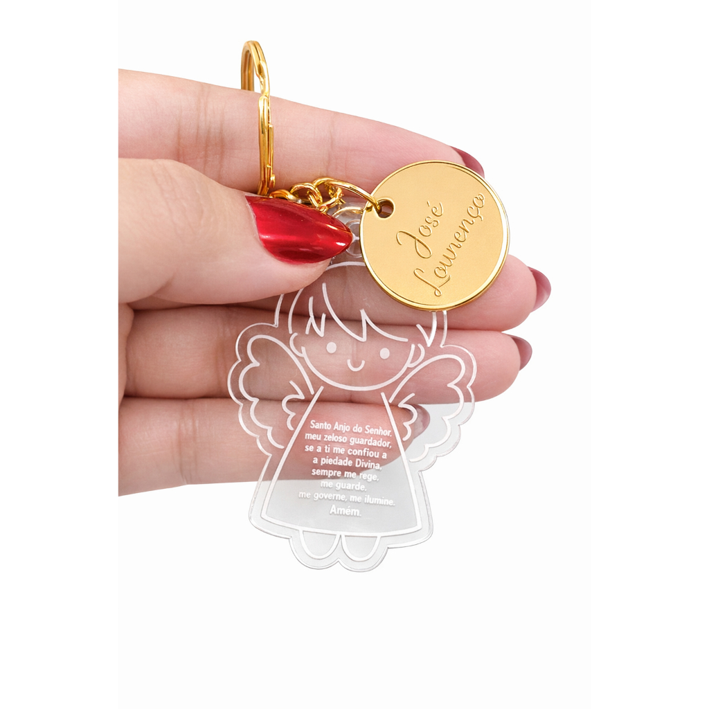Chaveiro Duplo Anjo em Acrílico Personalizado lembrança Batizado / Nascimento / primeira eucaristia / oração santo anjo