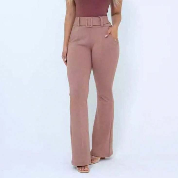 Linda Calça Flare Feminina Elegante Cintura Alta com Cinto Fixo Calça Social em Jacquard Linho com Elastano pra Trabalho