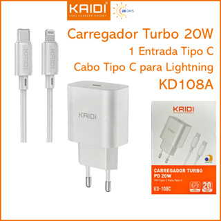 Carregador Cabo e Fonte Turbo PD 20W Saída Tipo-C para Lightning iPhone 1m Kaidi KD-108A em Oferta na Shopee