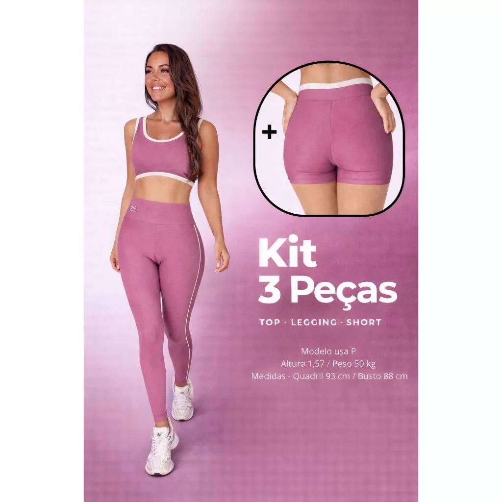 kit 3 peças fitness, top, shorts e leg rose