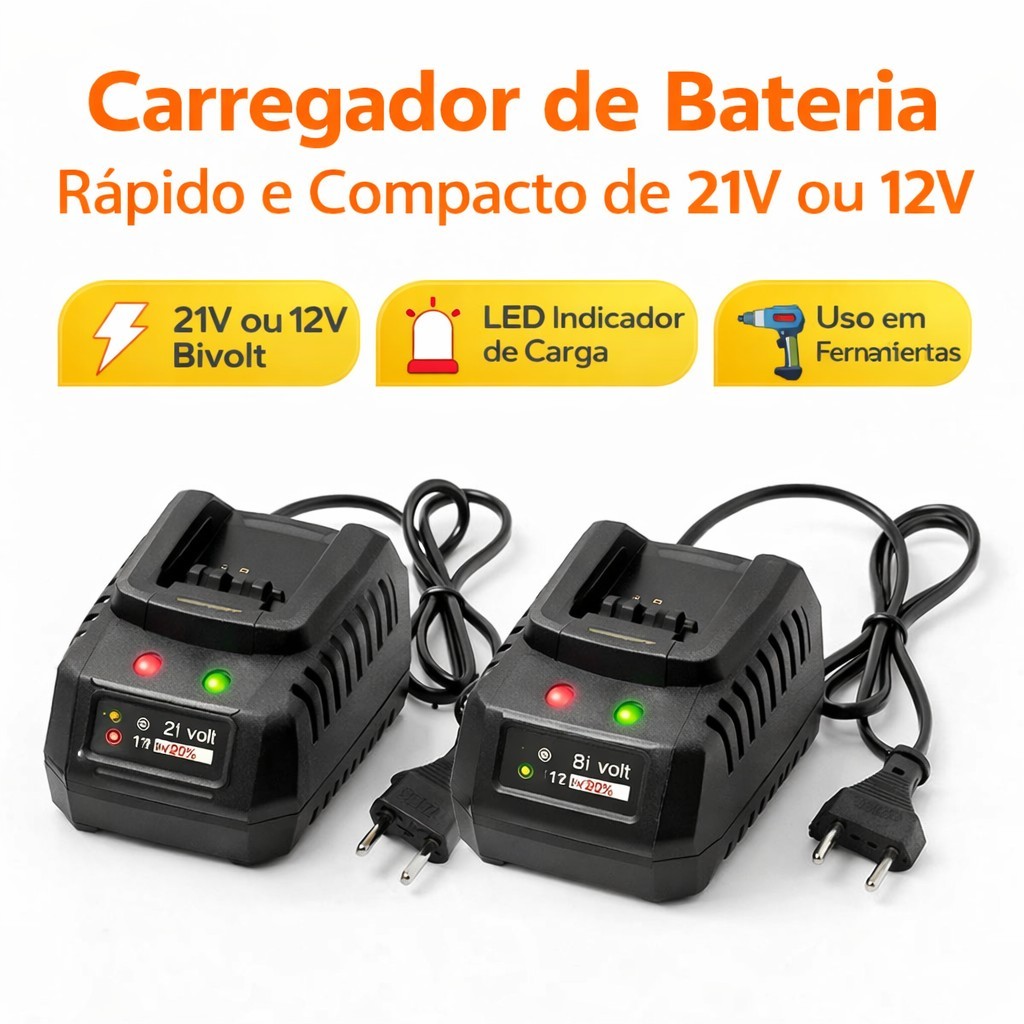 Carregador de Bateria Rápido e Compacto de 21V ou 12v