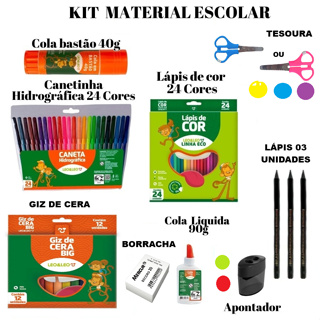 KIT Material Escolar Leo e Leo/CIS 24 Caneta Hidrocor 02 Caixas Lápis de cor 12 cores Cola Bastão 40g e Liq 110g Tesoura em Oferta na Shopee